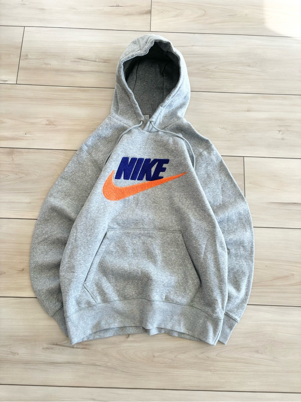 Nike Womens Gray Crewneck Hoodie with embroidered Blue Logo and Orange Swoosh M